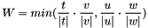 \[ W=min(\frac{t}{|t|}\cdot\frac{v}{|v|}, \frac{u}{|u|}\cdot\frac{w}{|w|}) \]